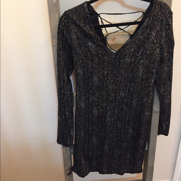 topshop black glitter dress Top shop glitter dress black mini deep v lace up